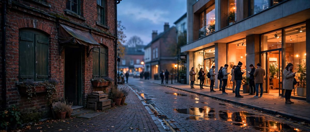 A quiet shop across from a busy glowing storefront