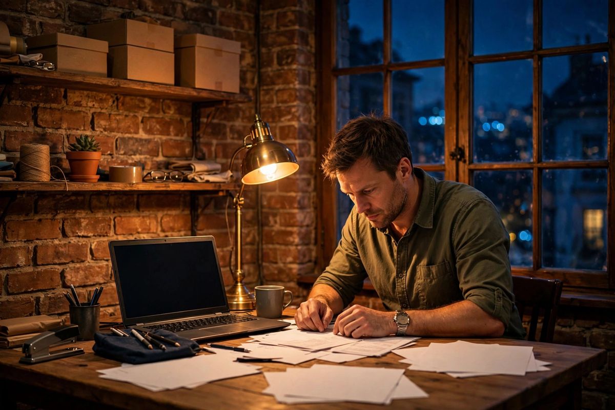 A business owner working late under a warm lamp